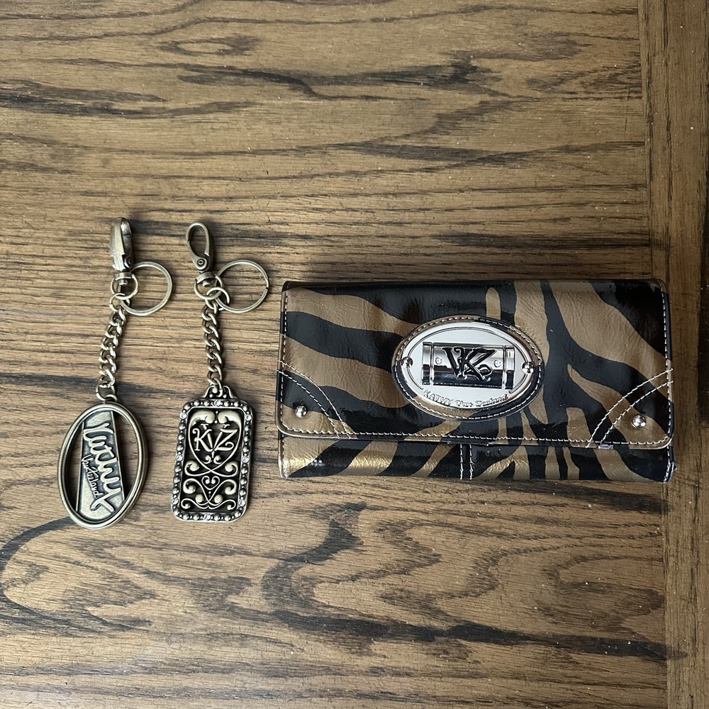 Kathy Van Zeeland Brown Gold Y2K Zebra Print Trifold Wallet 2 Keychains  *READ*